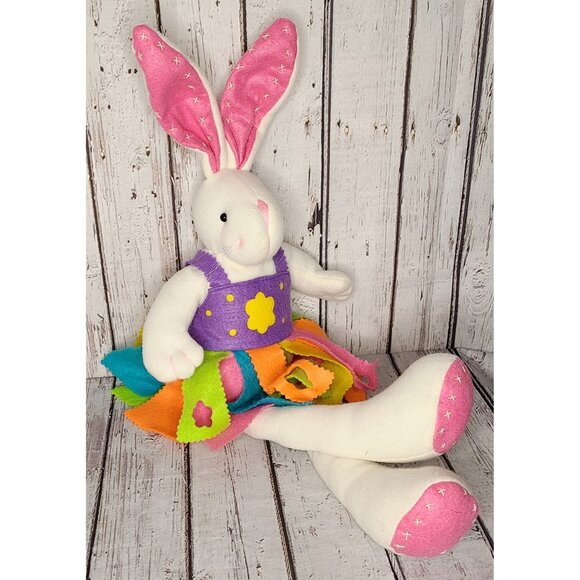 20" Vintage Handmade White Bunny Rabbit Felt Summer Heart Dress Stuffed Animal - Picture 1 of 4